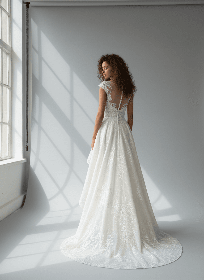 Vue de dos robe de mariée courte devant longue traîne élégante