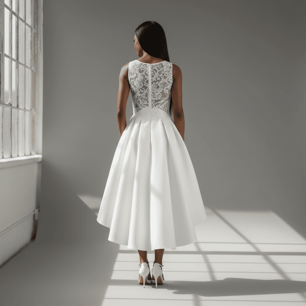 Vue de dos robe de mariée courte et originale en dentelle