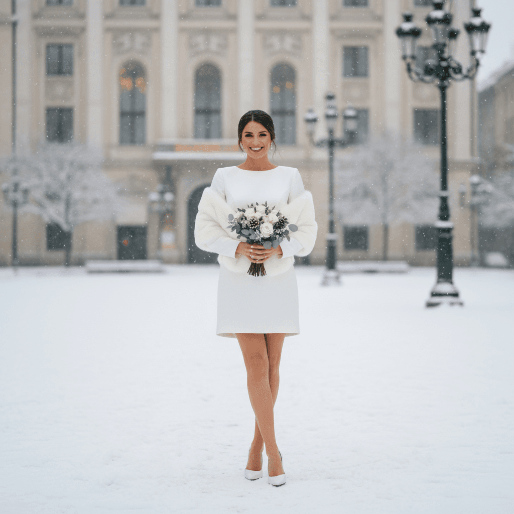 Vue de face d'une robe de mariée courte hiver avec manches longues et col rond