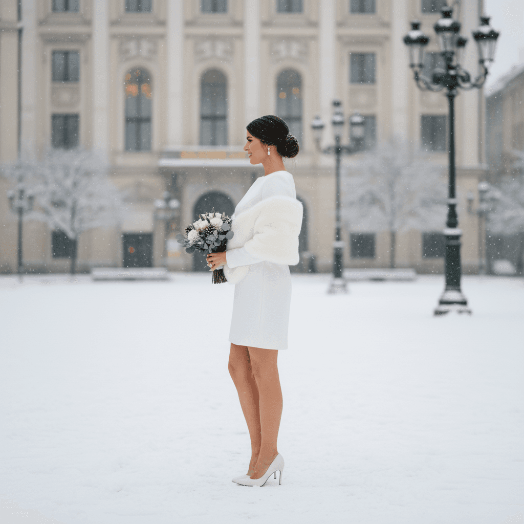 Vue de profil d'une robe de mariée courte élégante pour mariage en hiver