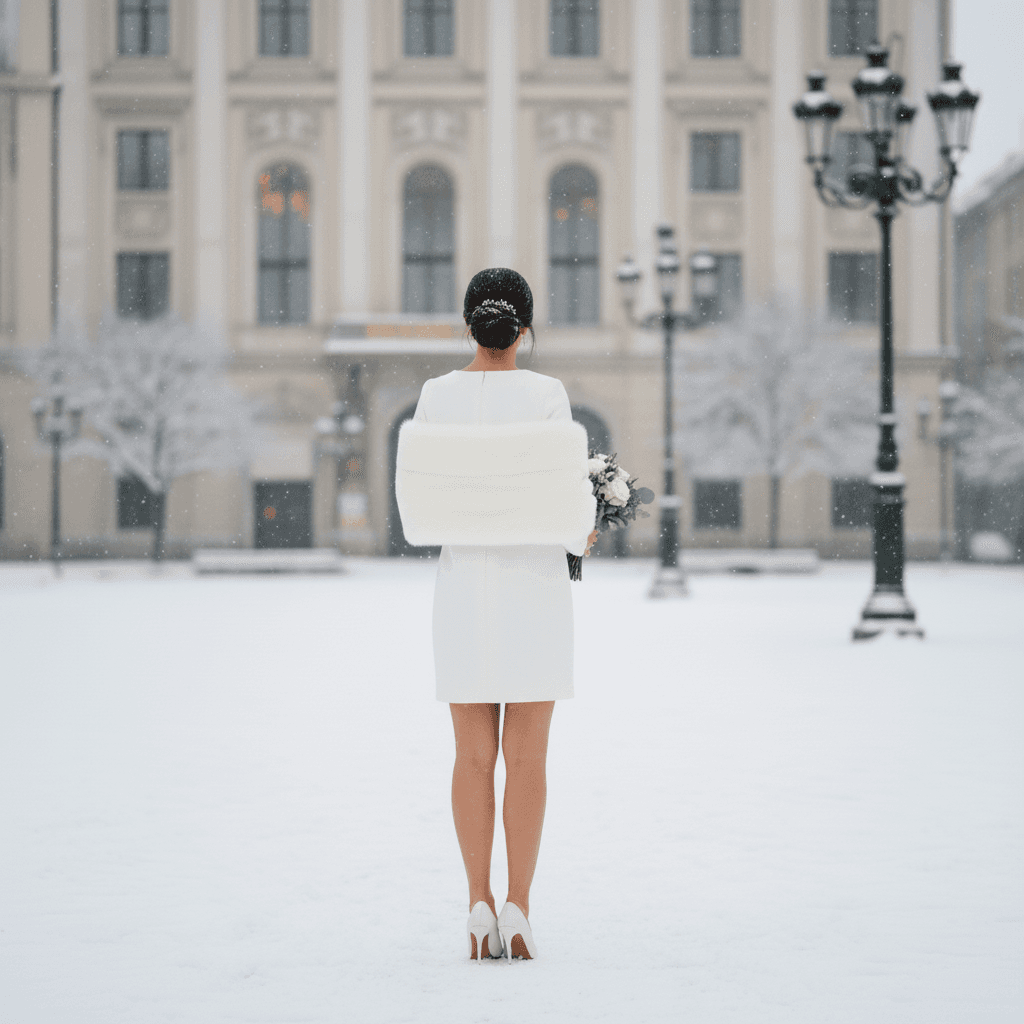 Vue de dos d'une robe de mariée courte minimaliste en décor enneigé
