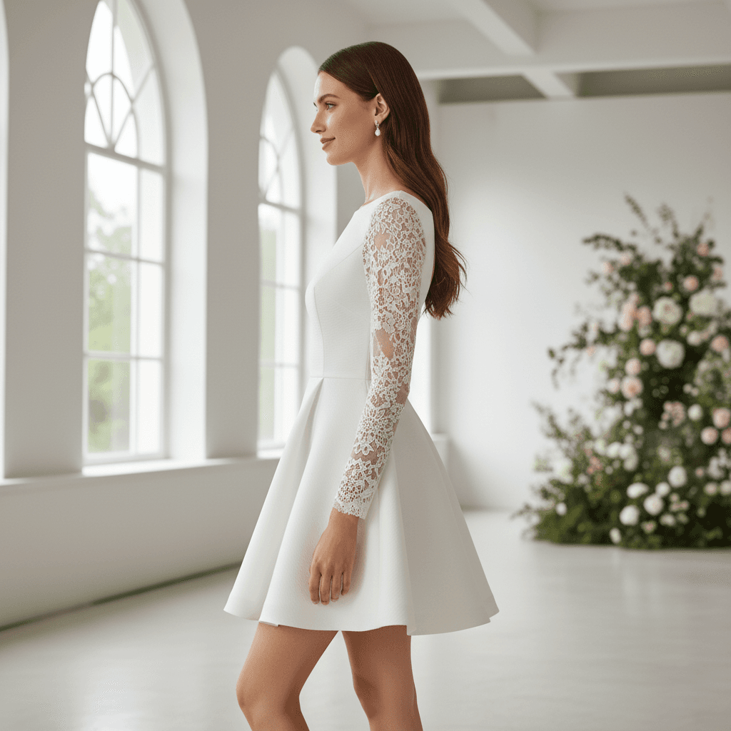 Vue de profil d'une robe de mariée courte manche longue coupe évasée