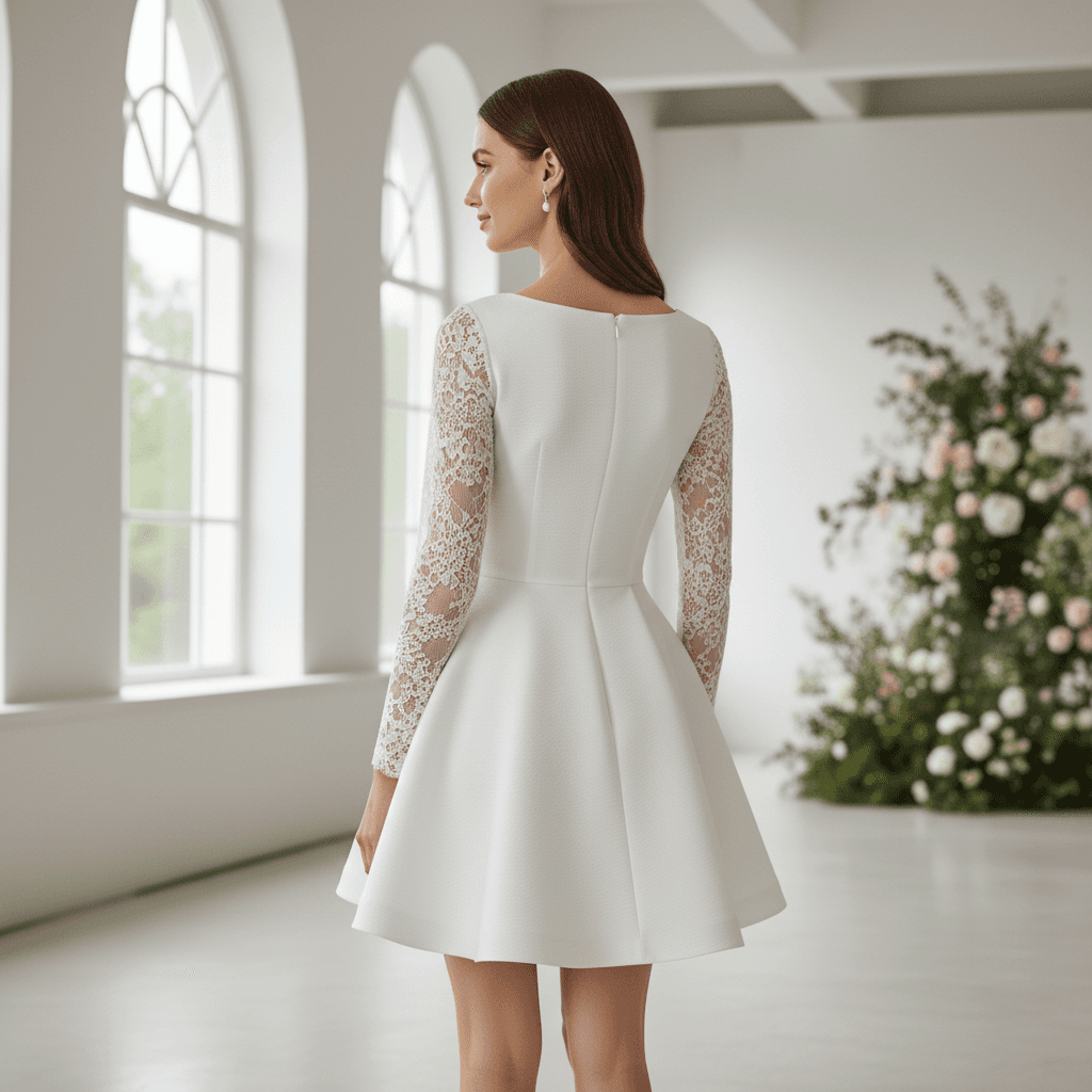 Vue de dos d'une robe de mariée courte manche longue avec dentelle raffinée