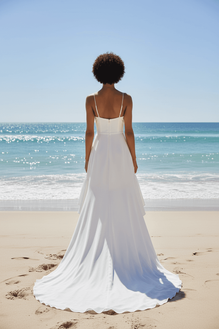 Vue de dos d'une robe de mariée courte plage avec traîne longue fluide