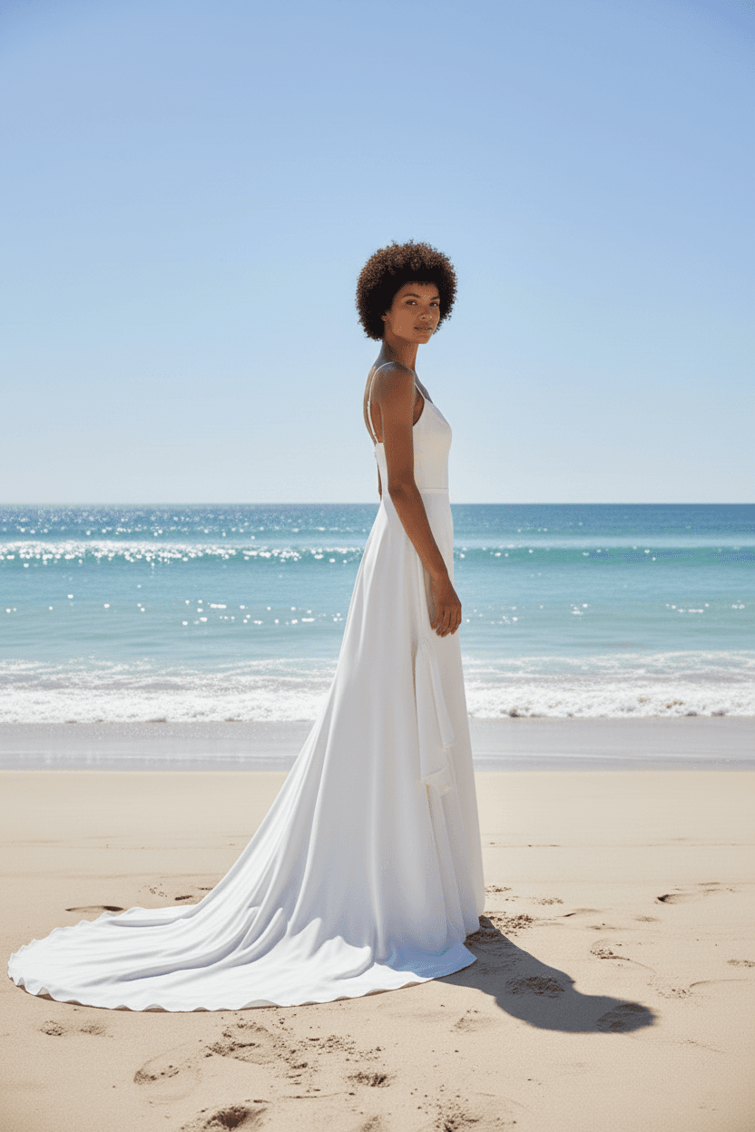 Profil d'une robe de mariée courte plage légère et élégante