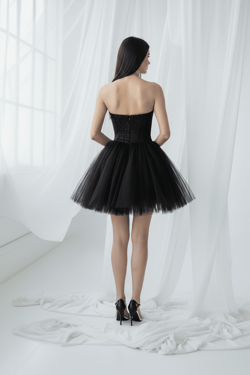 Vue de dos robe de mariée courte noire bustier rock