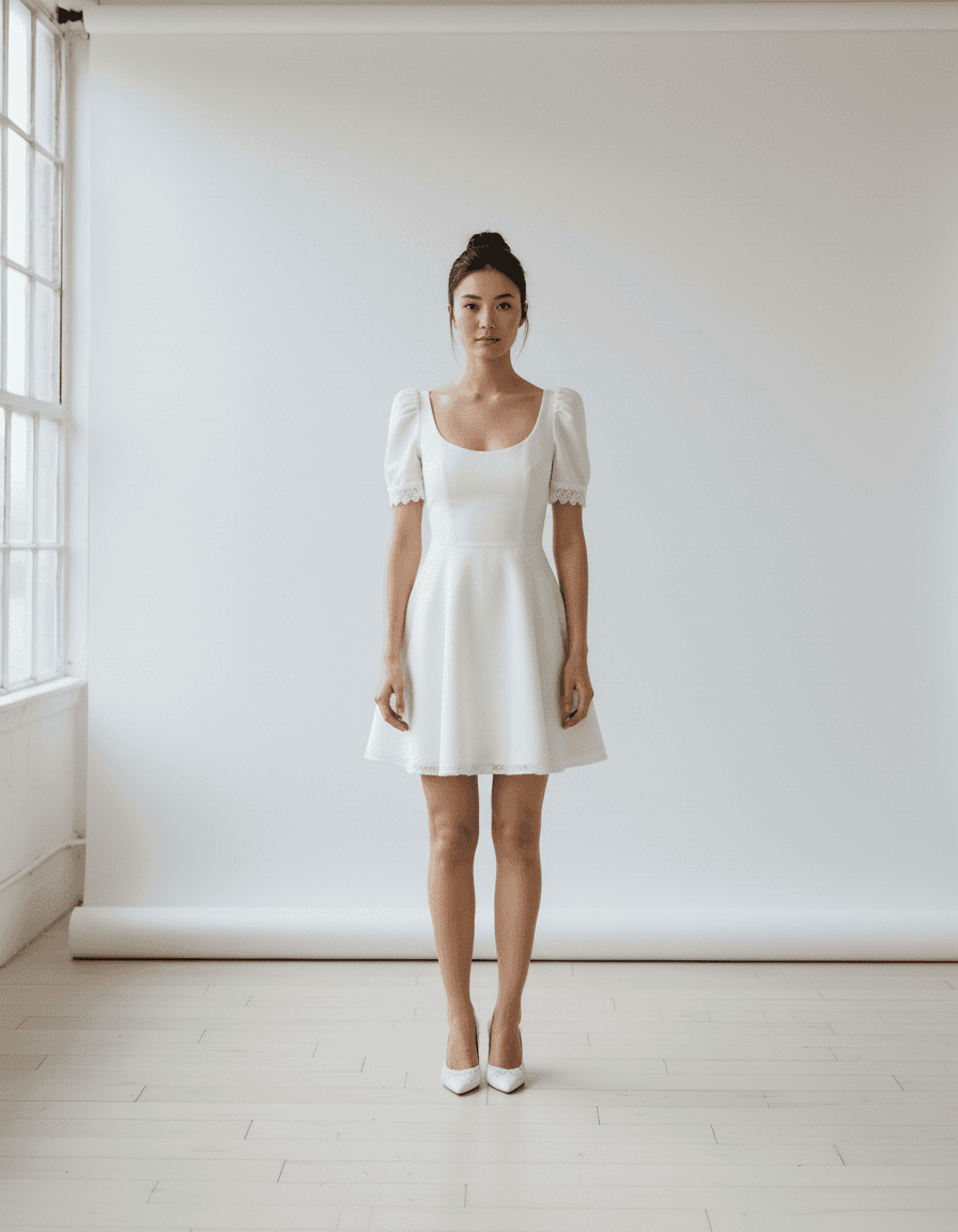 Vue de face robe de mariée courte simple avec manches bouffantes