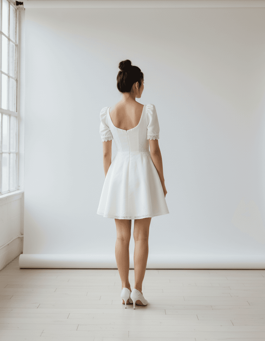 Vue de dos robe de mariée courte simple décolleté arrondi