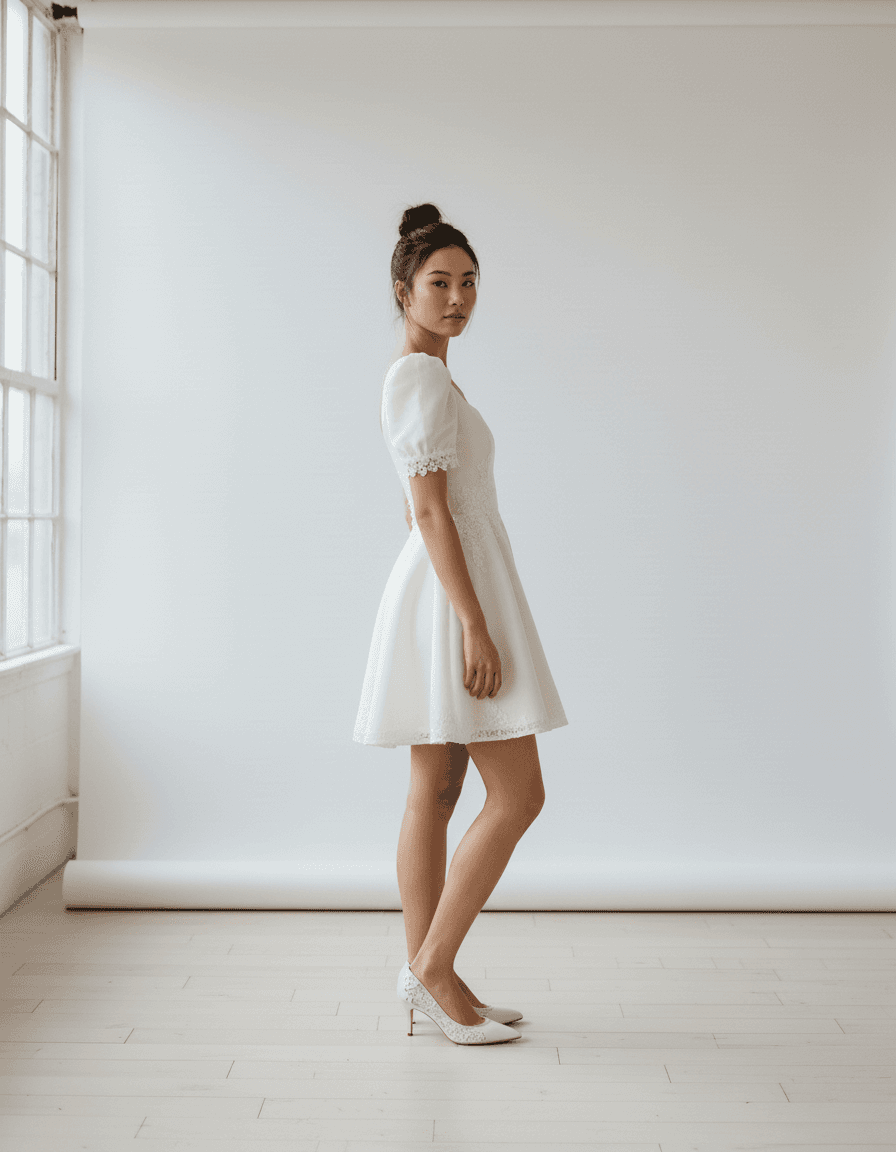 Vue de profil robe de mariée courte simple élégante