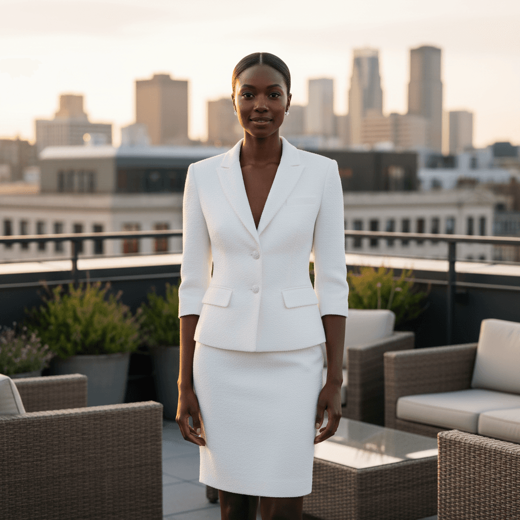 Vue de face d'une robe de mariée courte style tailleur avec jupe droite