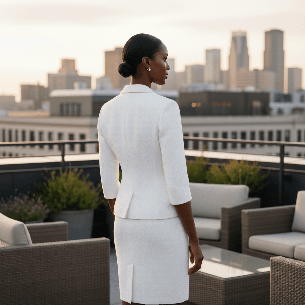 Vue de dos d'une robe de mariée tailleur courte avec veste ajustée