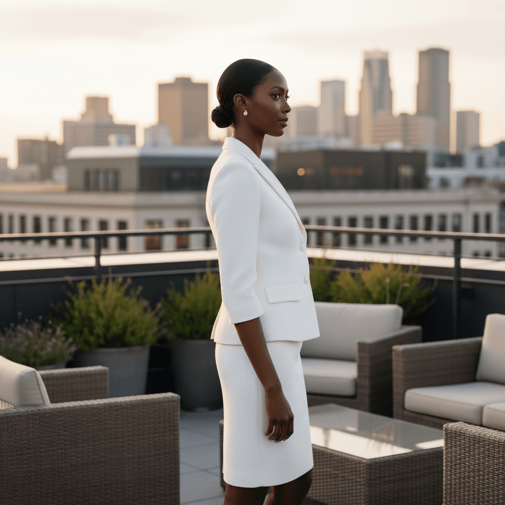 Vue de profil d'une robe de mariée tailleur courte élégante et moderne