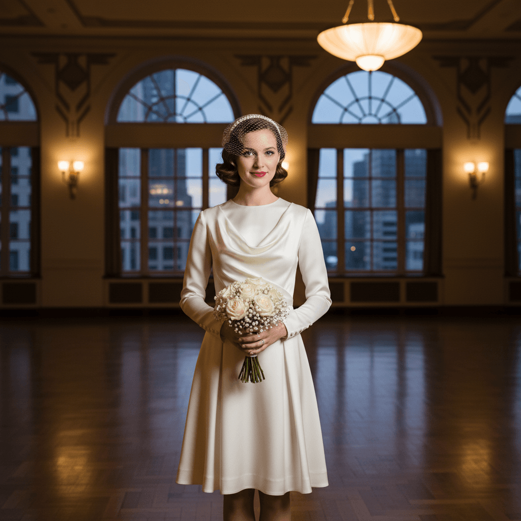 Vue de face d'une robe de mariée courte vintage avec col drapé et voile rétro