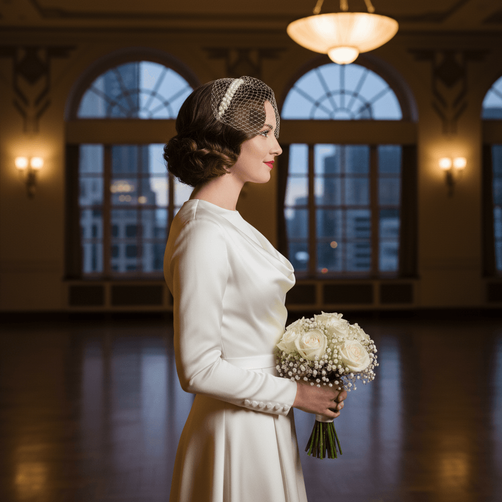 Vue de profil d'une robe de mariée courte vintage avec bouquet