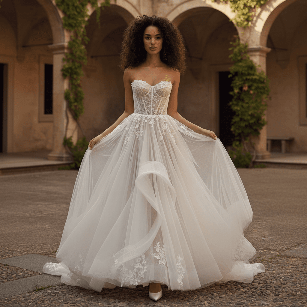 Vue de face d'une robe de mariée bustier en dentelle avec jupe volumineuse
