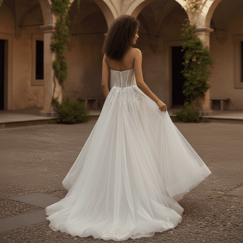 Vue de dos d'une robe de mariée bustier dentelle avec traîne fluide