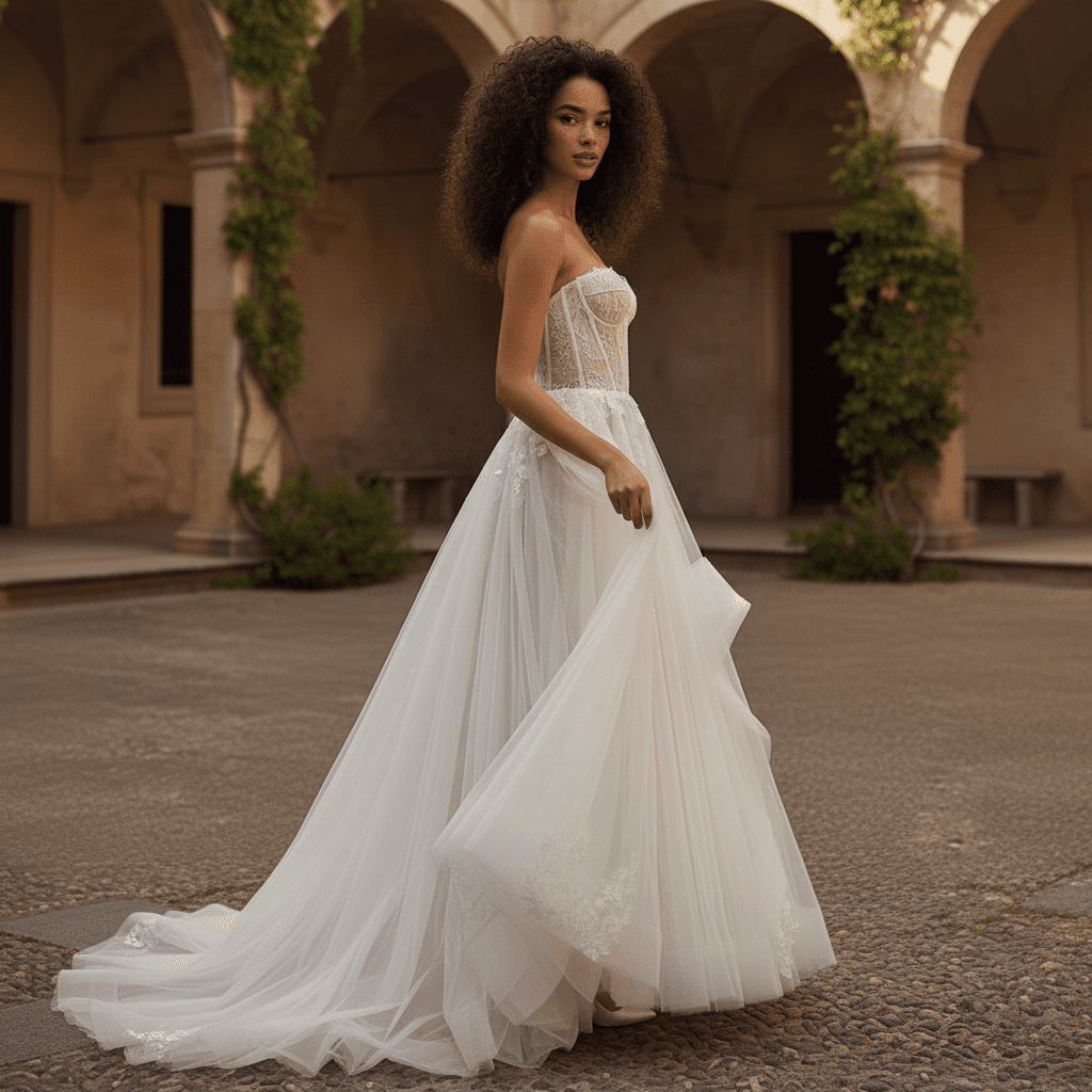 Vue de profil d'une robe de mariée bustier dentelle élégante et romantique