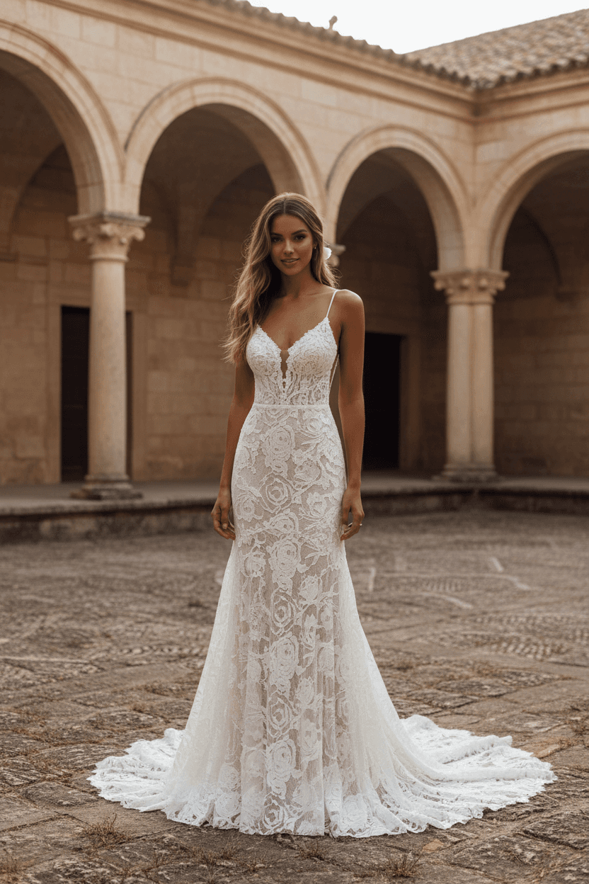 Vue de face d'une robe de mariée en dentelle dos nu ajustée