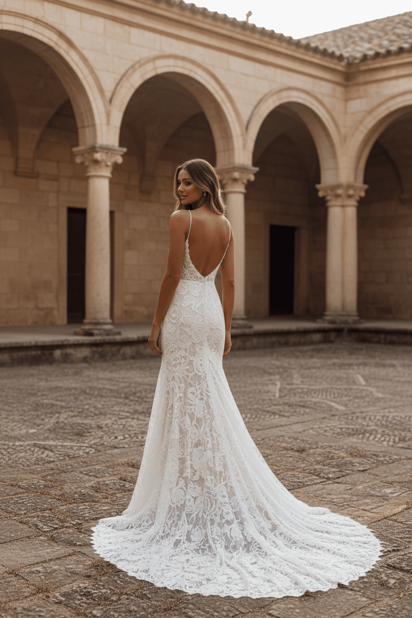 Vue de dos d'une robe de mariée élégante en dentelle avec dos nu plongeant