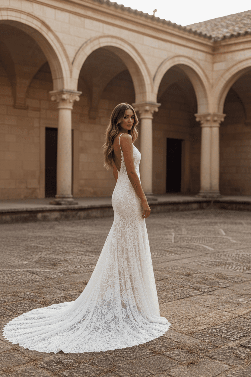 Vue de profil d'une robe de mariée sirène en dentelle dos nu