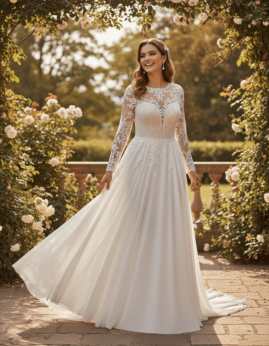 Vue de face d'une robe de mariée fluide en dentelle avec manches longues