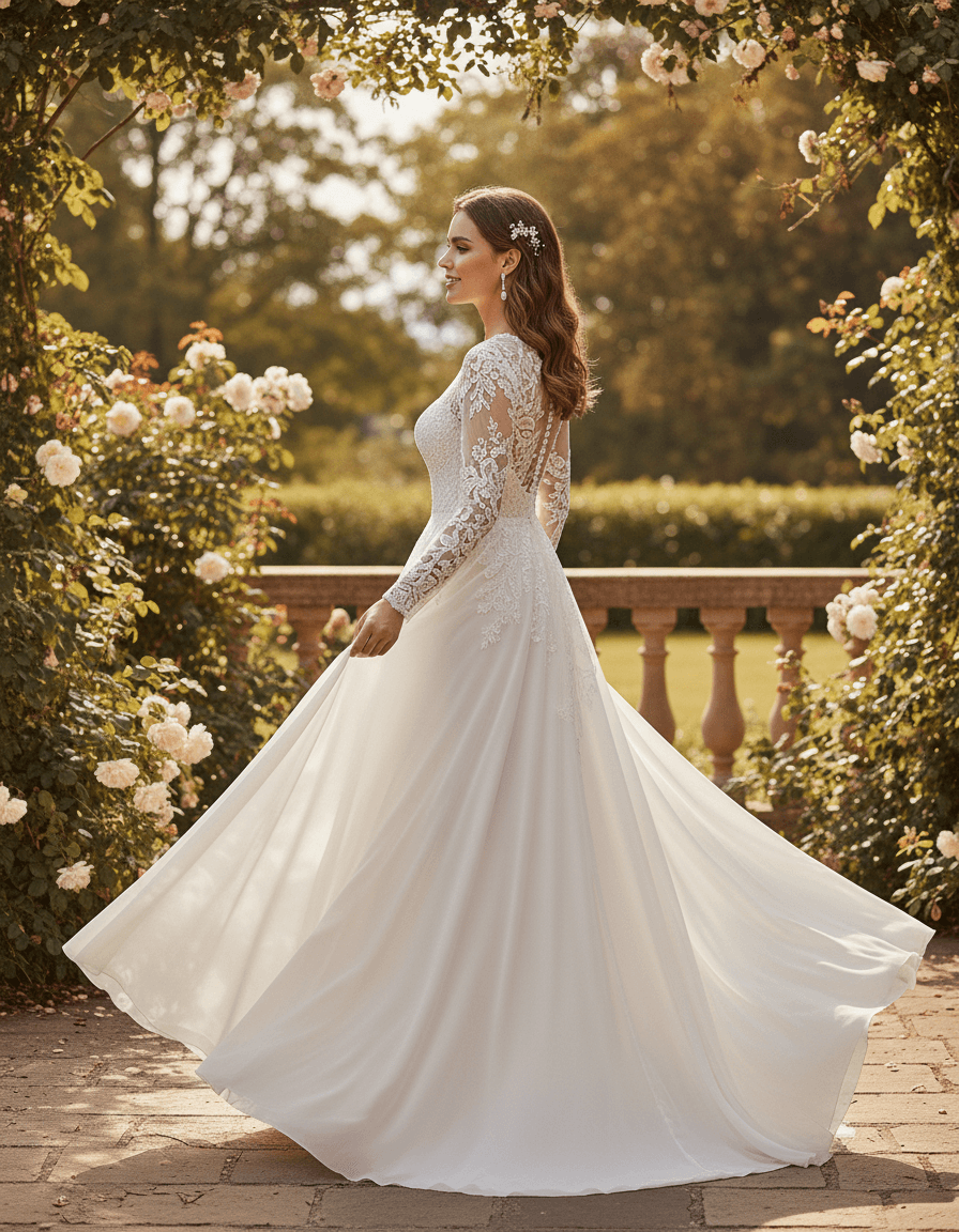 Vue de profil d'une robe de mariée fluide et légère en dentelle avec traîne