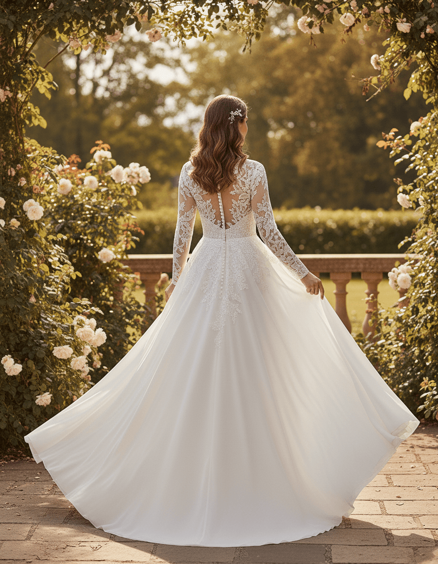 Vue de dos d'une robe de mariée dentelle fluide avec dos transparent en dentelle