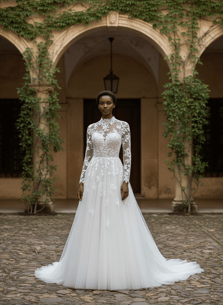 Vue de face d'une robe de mariée en dentelle à manches longues