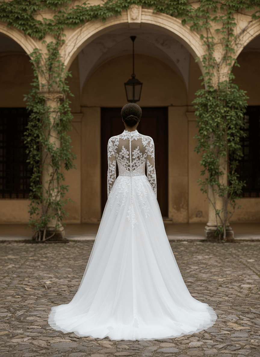 Vue de dos d'une robe de mariée en dentelle manches longues avec traîne