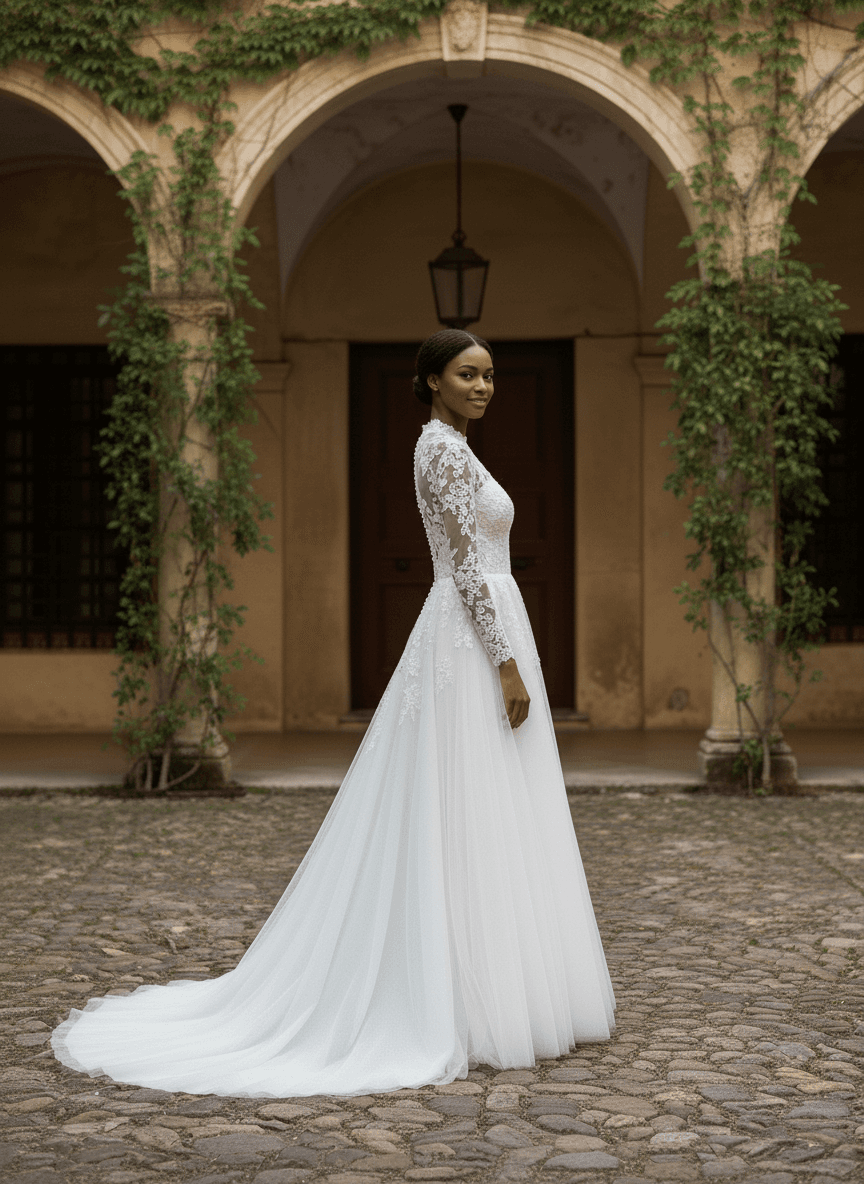 Vue de profil d'une robe de mariée en dentelle manches longues fluide