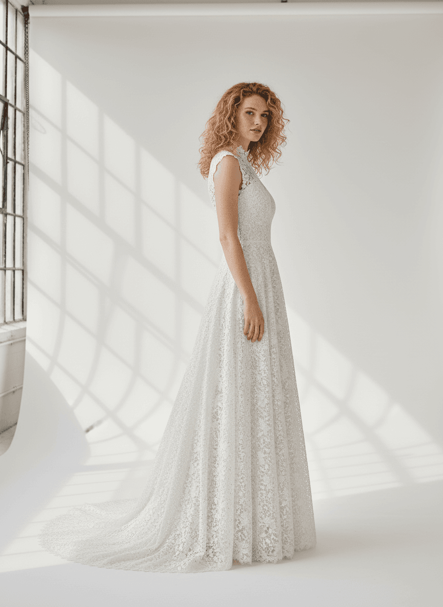 Vue de profil d'une robe de mariée dentelle simple fluide