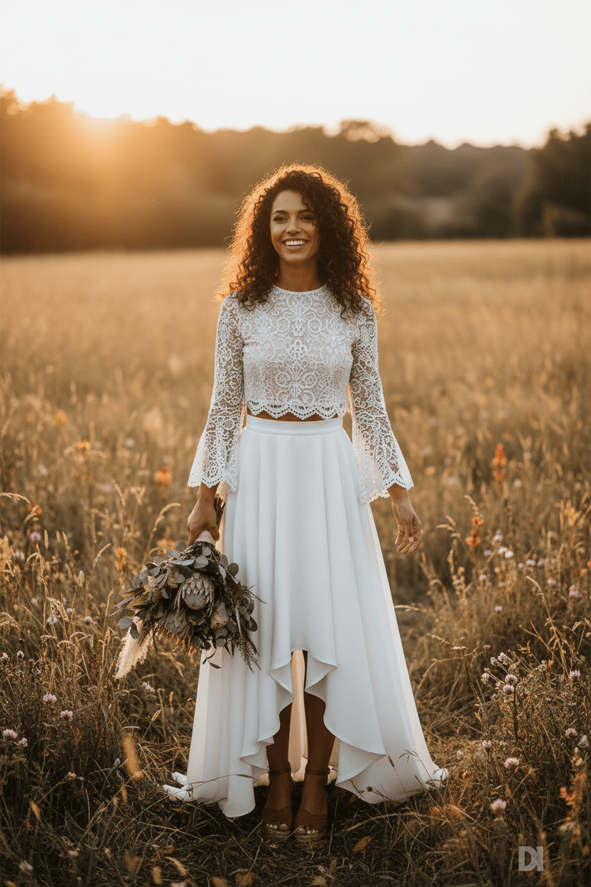 Vue de face d'une robe de mariée avec haut en dentelle et jupe fluide