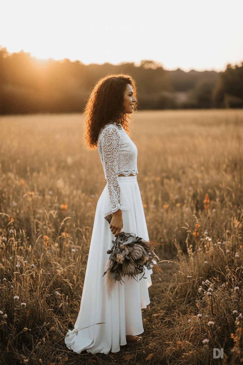 Vue de profil d'une robe de mariée fluide avec manches longues en dentelle