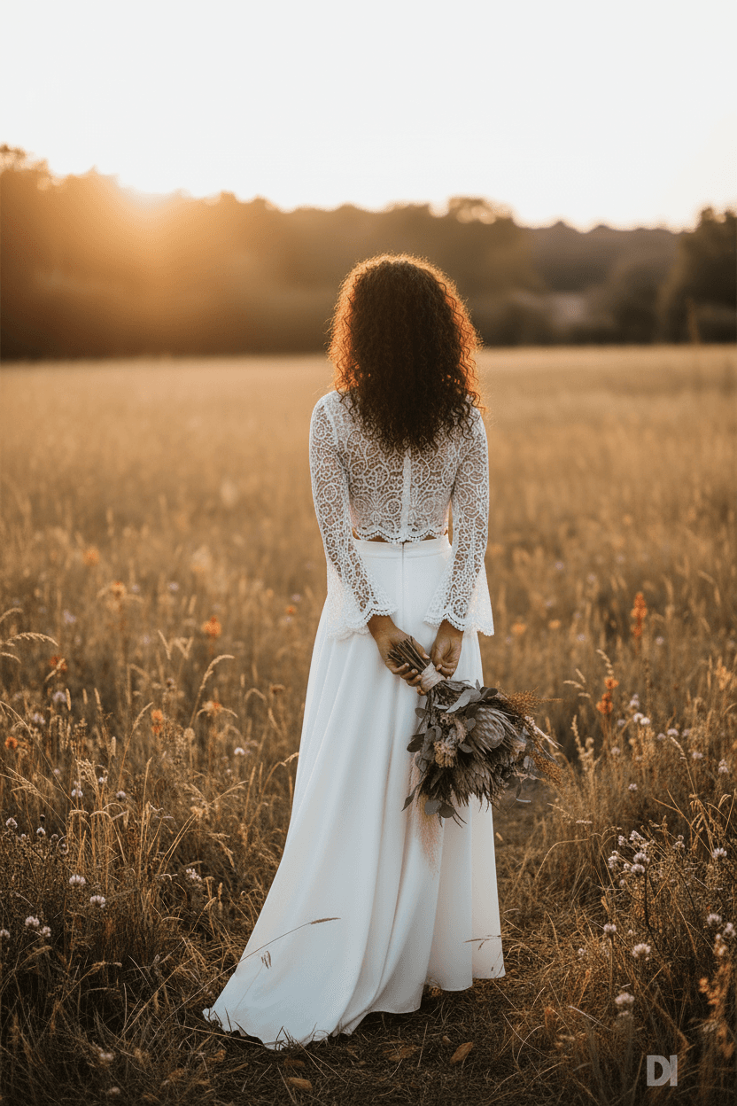 Vue de dos d'une robe de mariée fluide avec haut en dentelle et dos transparent élégant