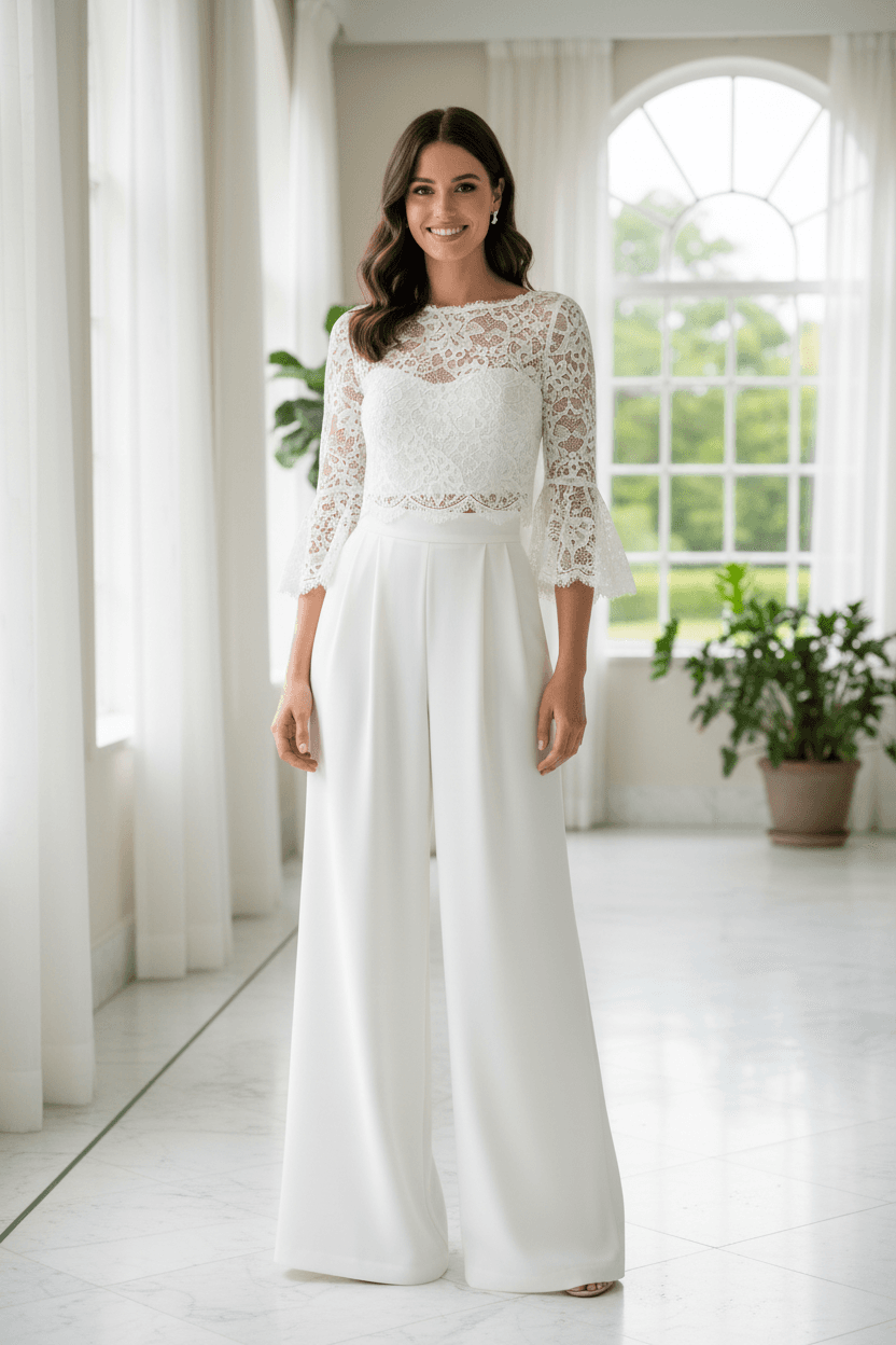 Vue de face d'une robe de mariée deux pièces chic avec haut en dentelle et pantalon fluide