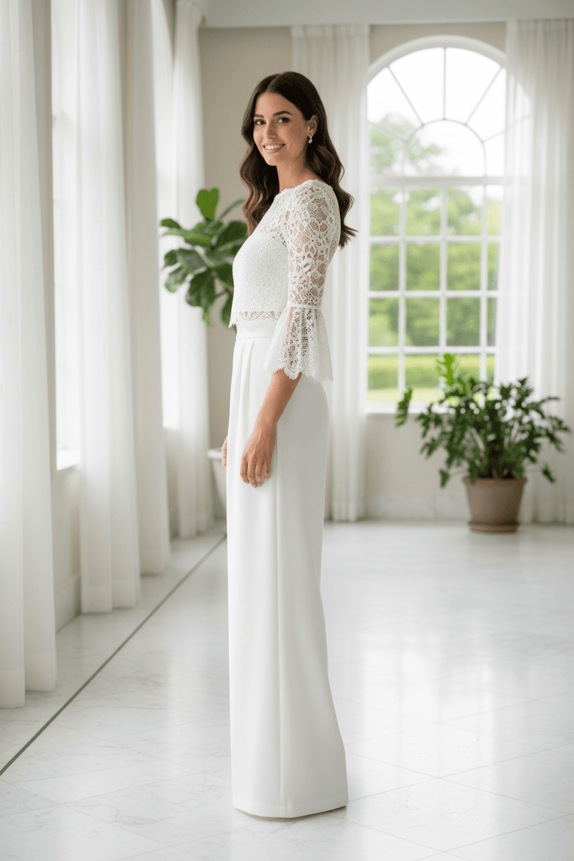 Vue de profil d'une mariée en deux pièces chic avec manches évasées en dentelle et pantalon large