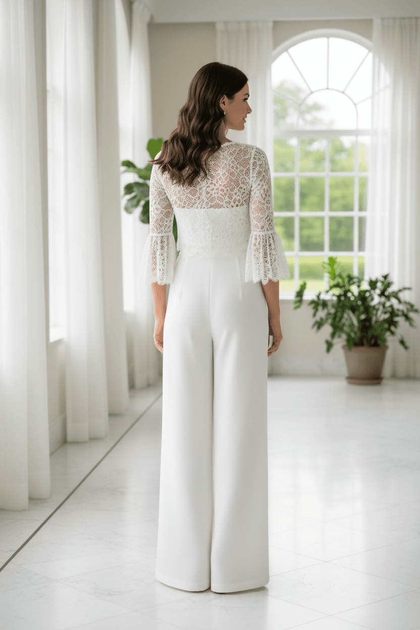 Vue de dos d'une tenue de mariée deux pièces élégante avec top dentelle et pantalon taille haute fluide