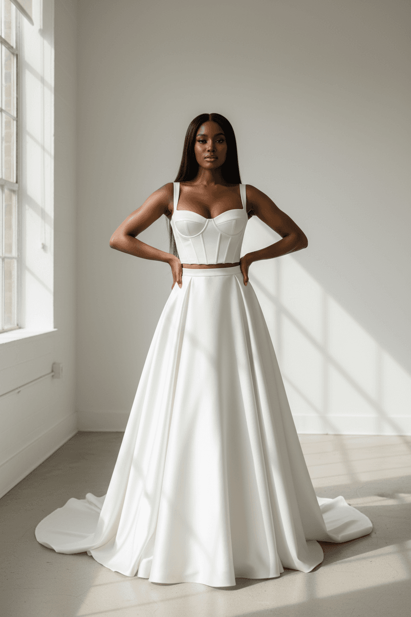 Vue de face d'une robe de mariée deux pièces avec corset ajusté et jupe fluide
