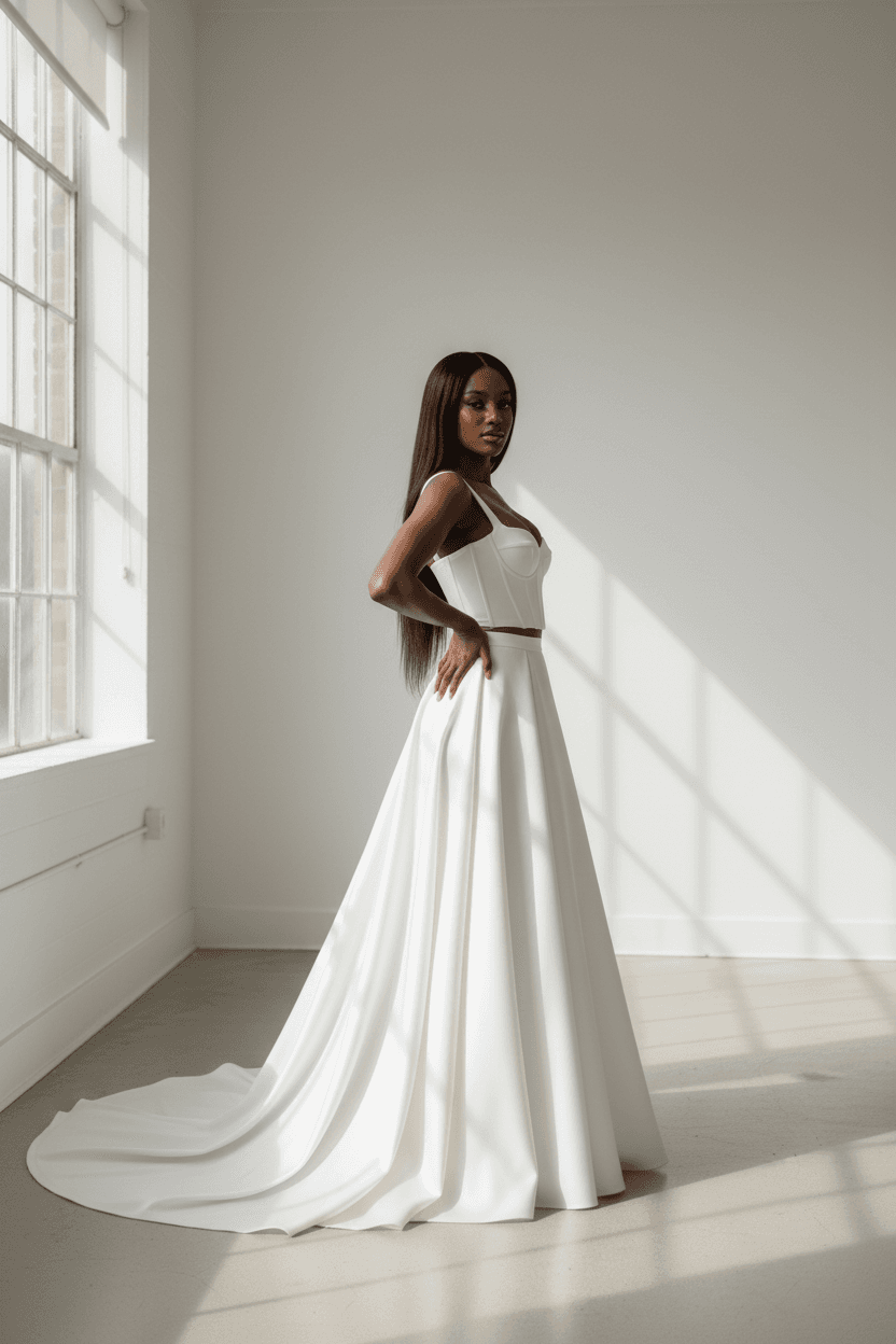 Vue de profil d'une mariée en deux pièces avec corset structuré et jupe évasée fluide