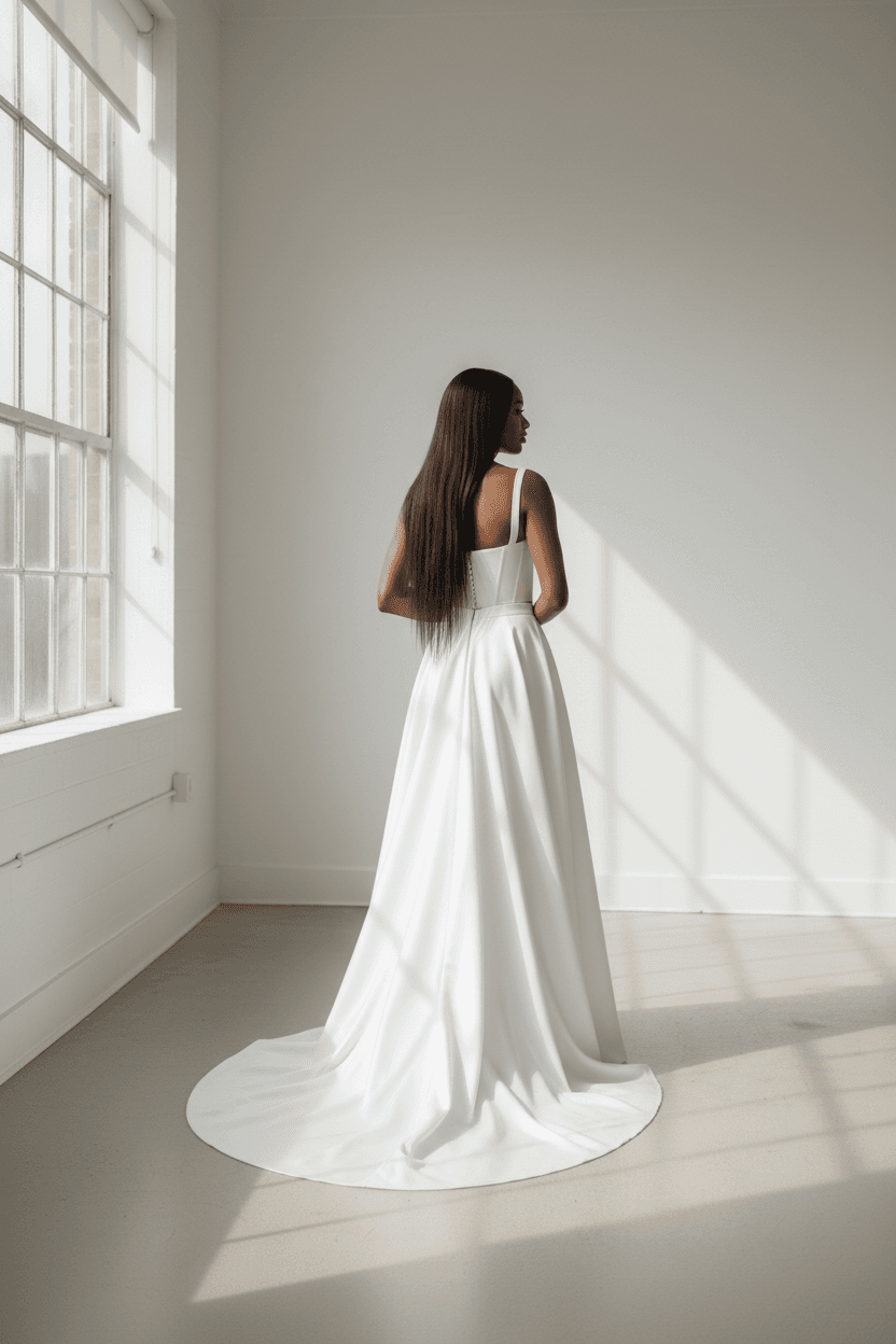 Vue de dos d'une robe de mariée deux pièces élégante avec corset et longue traîne fluide