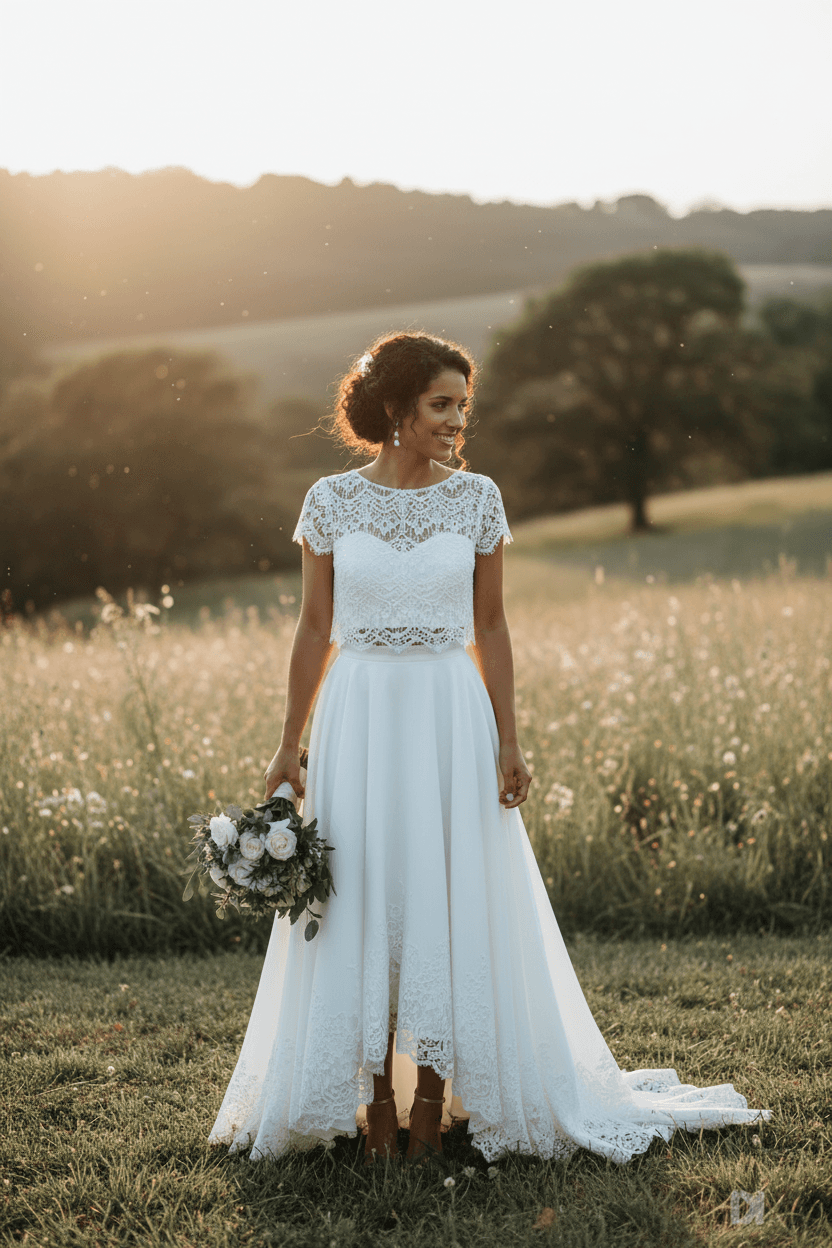 Vue de face d'une robe de mariée deux pièces bohème avec haut en dentelle et jupe fluide
