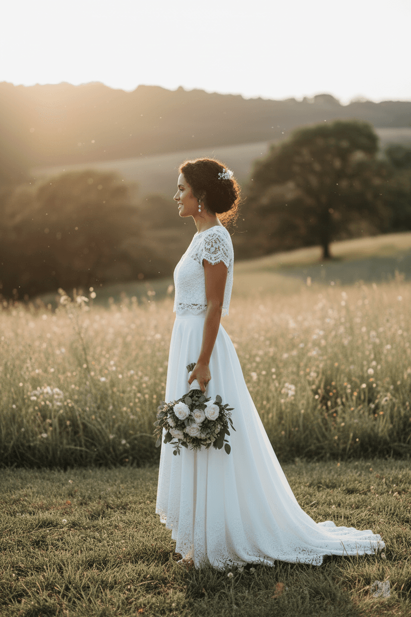 Vue de profil d'une robe deux pièces bohème avec dentelle et jupe fluide asymétrique