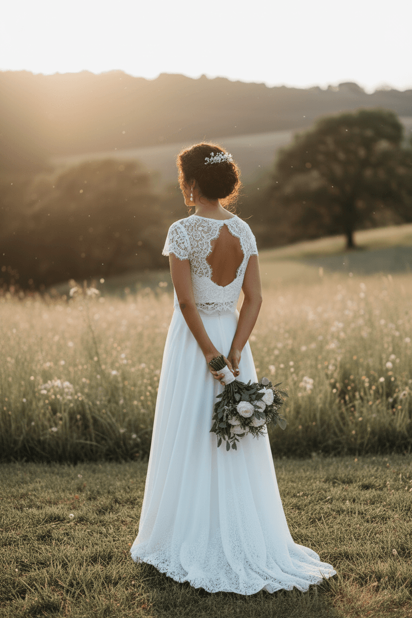 Vue de dos d'une robe de mariée deux pièces avec top dentelle et jupe longue bohème