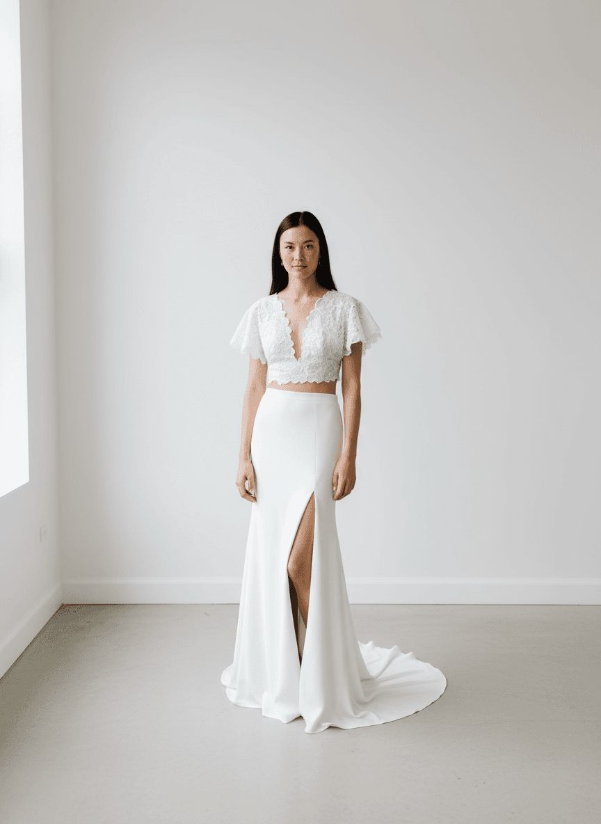 Vue de face d'une robe de mariée deux pièces moderne avec haut en dentelle