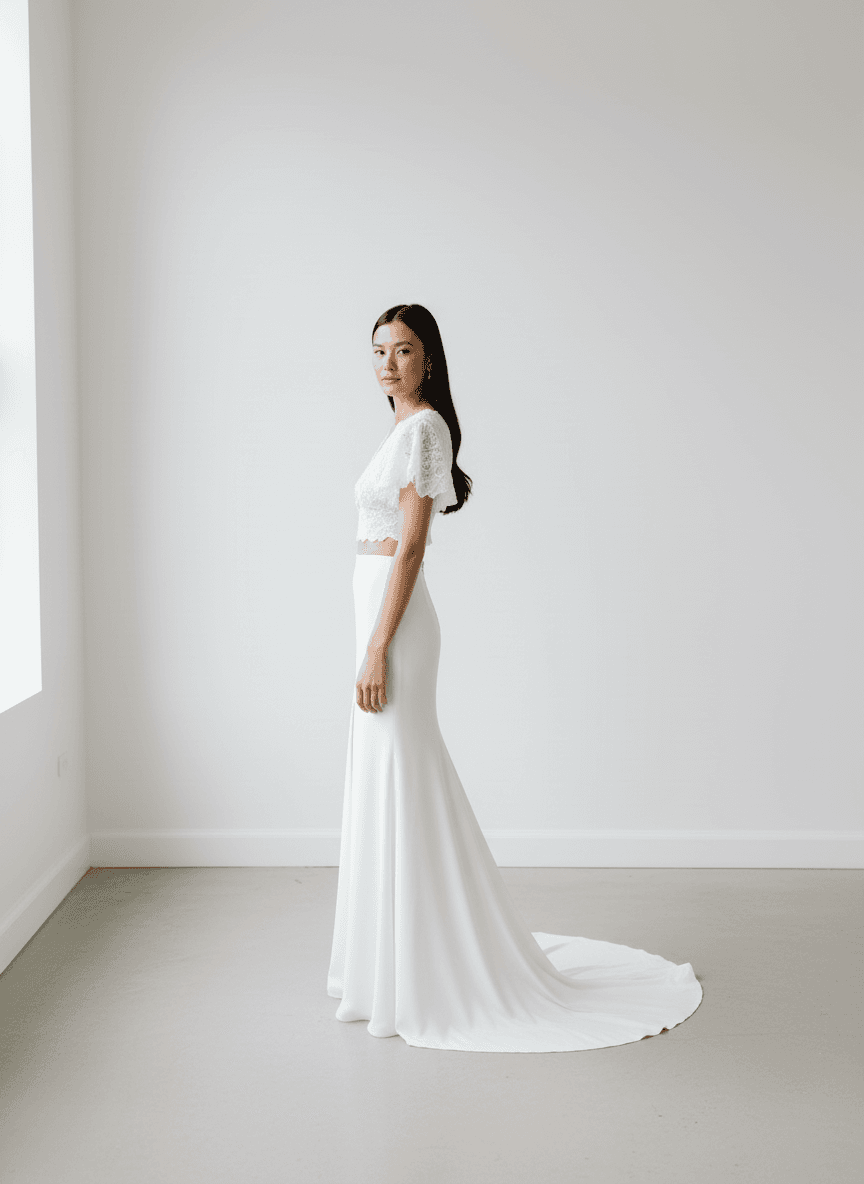 Vue de profil d'une robe de mariée deux pièces avec jupe fluide et fente élégante