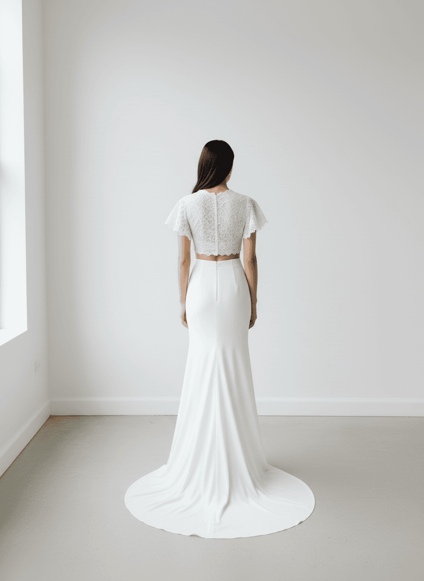 Vue de dos d'une robe de mariée deux pièces moderne avec haut court en dentelle