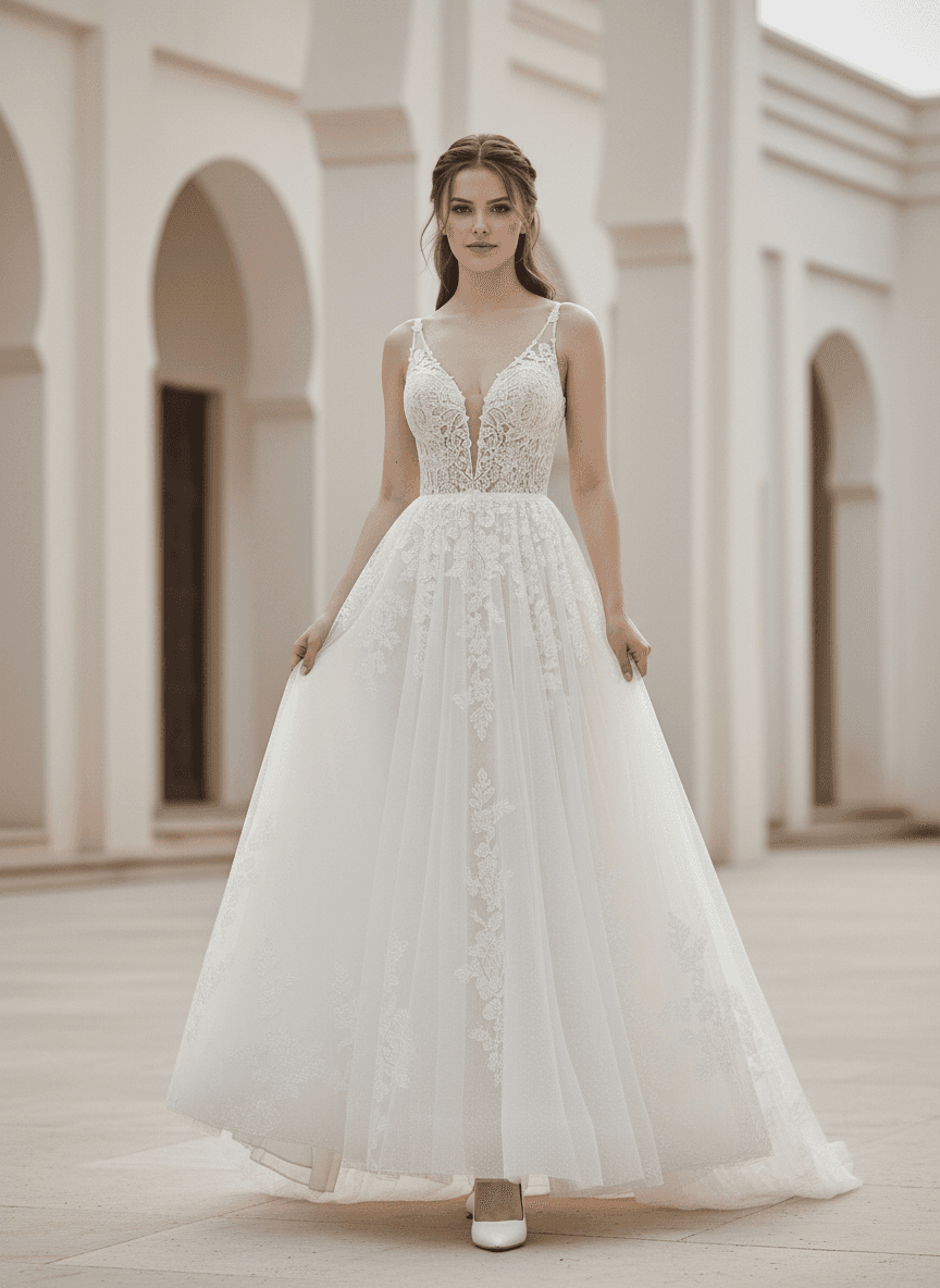 Vue de face d'une robe de mariée bohème dos nu avec dentelle