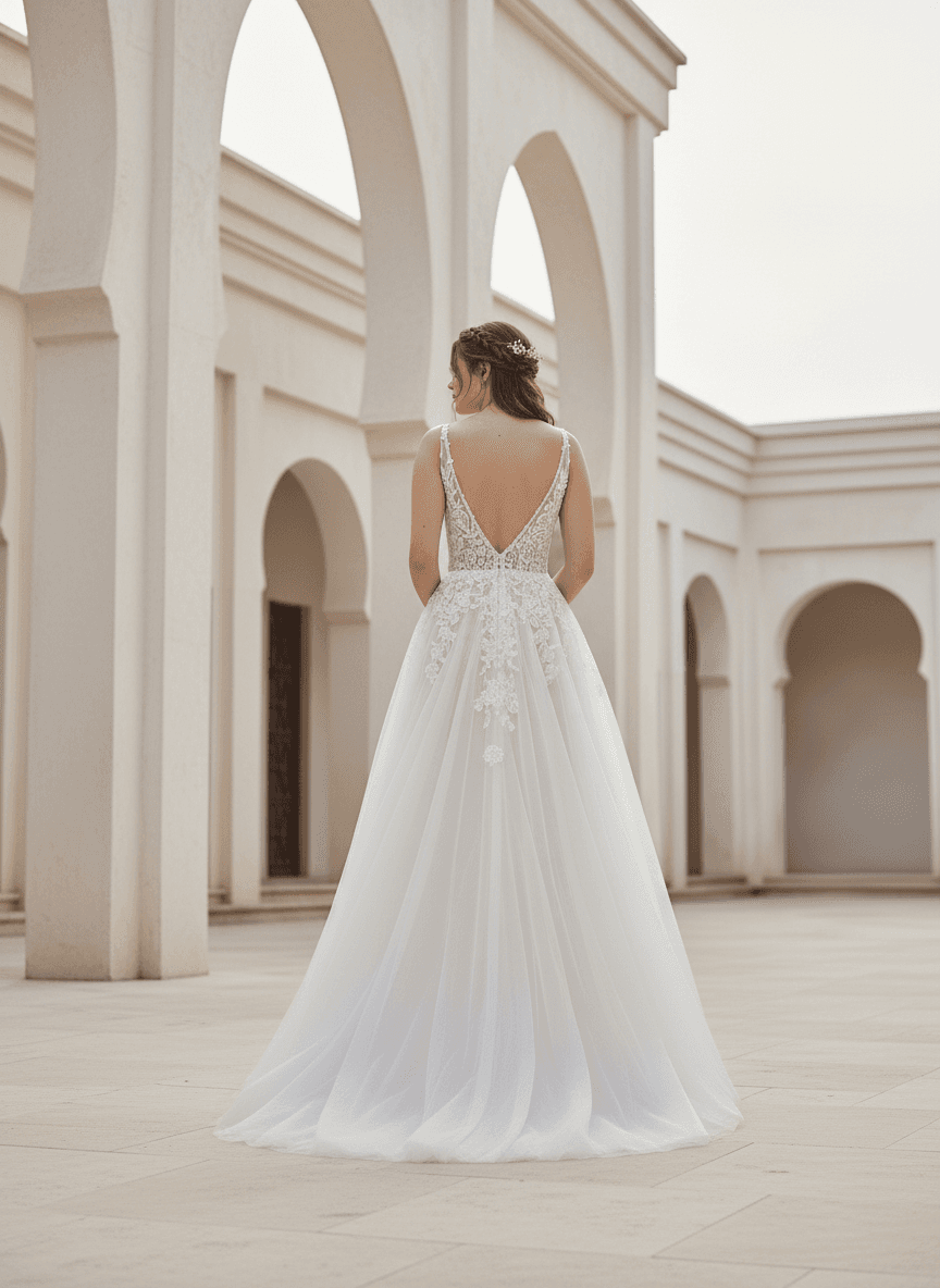 Vue de dos d'une robe de mariée bohème fluide et élégante