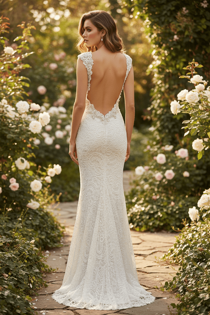 Vue de dos d'une robe de mariée élégante au dos nu profond