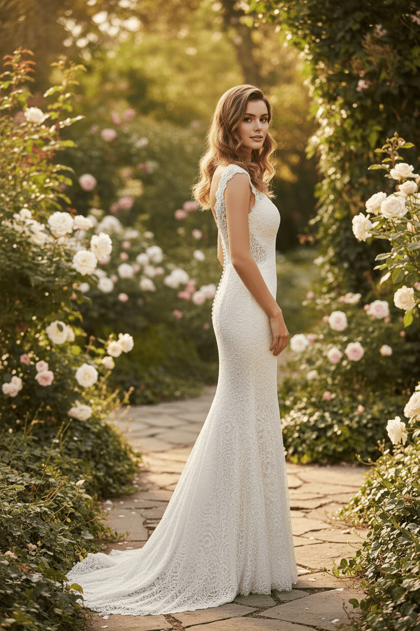 Vue de profil d'une robe de mariée ajustée avec dos nu plongeant